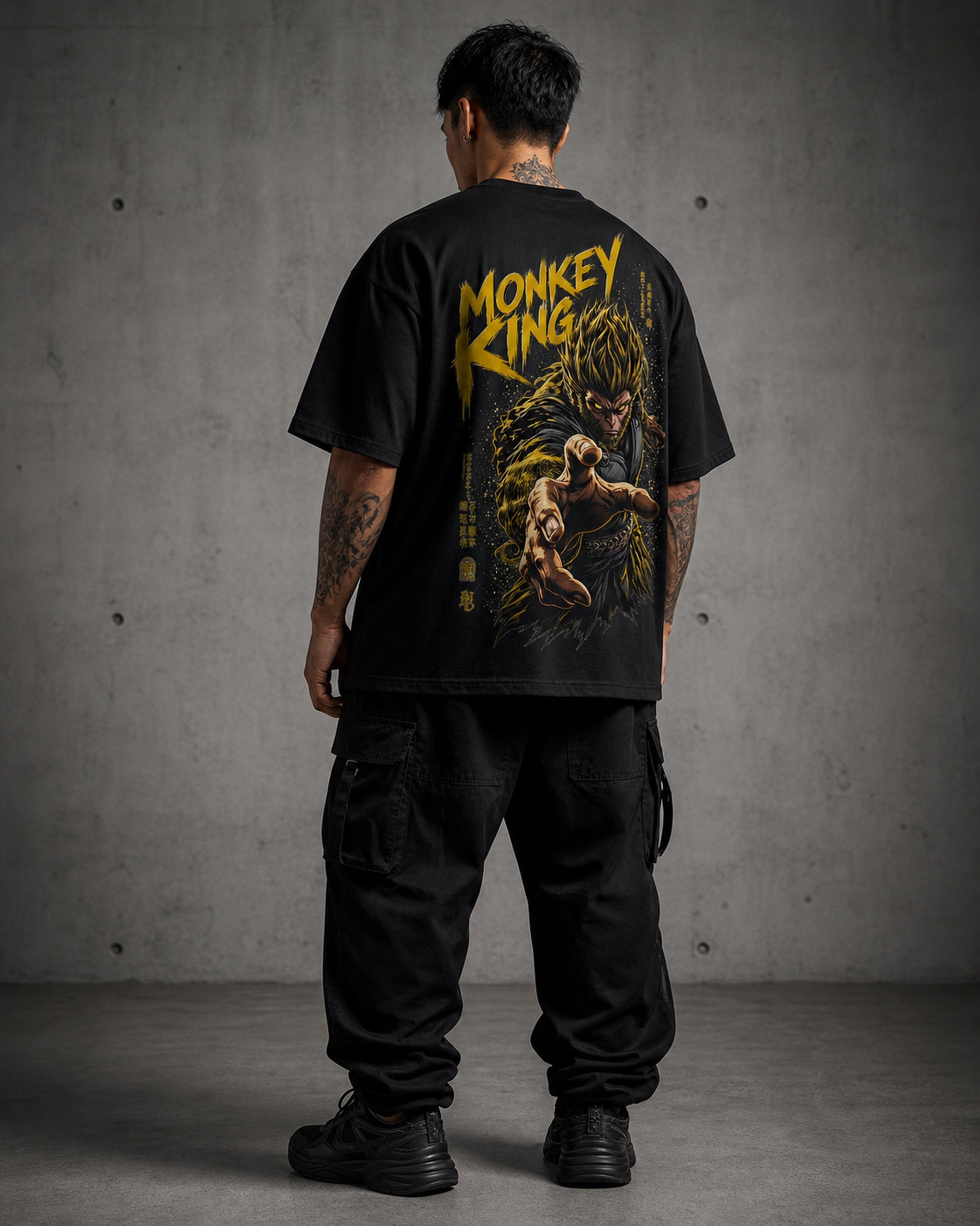 Golden Monkey King Anime Graphic Oversized T-Shirt black oversized T-shirt back left angle