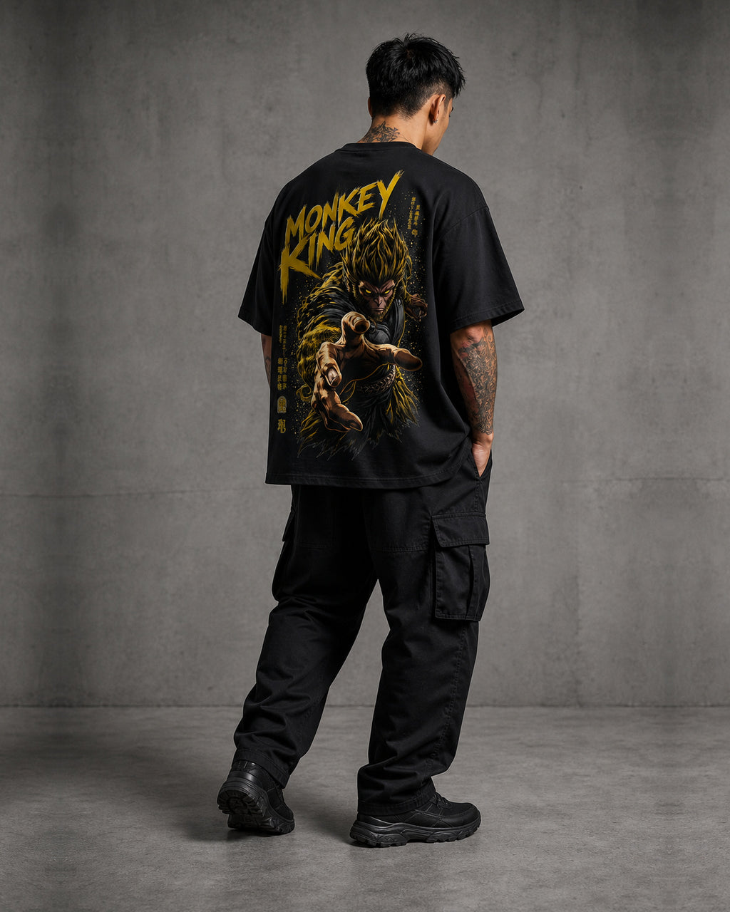Golden Monkey King Anime Graphic Oversized T-Shirt black oversized T-shirt back right angle