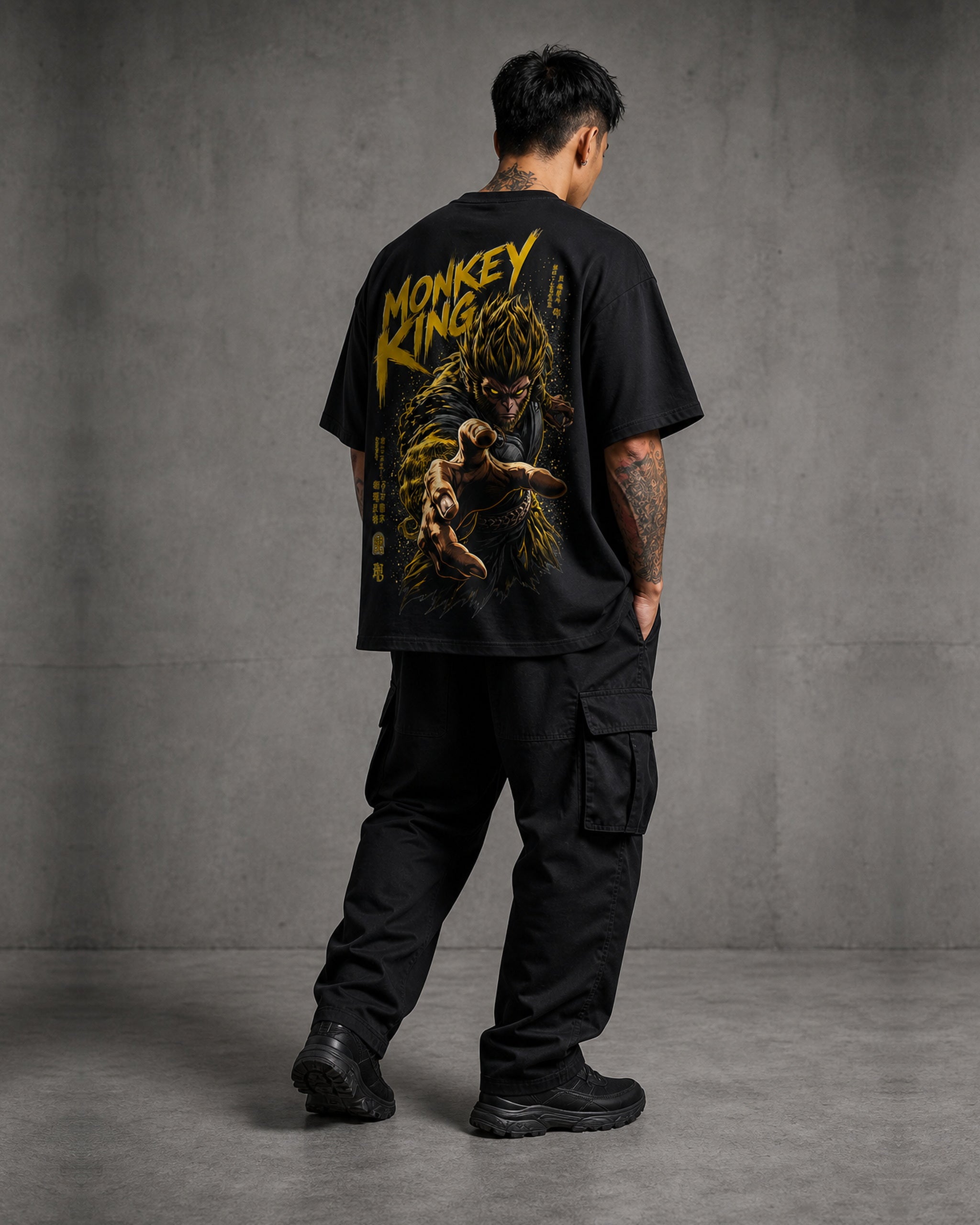 Golden Monkey King Anime Graphic Oversized T-Shirt black oversized T-shirt back right angle