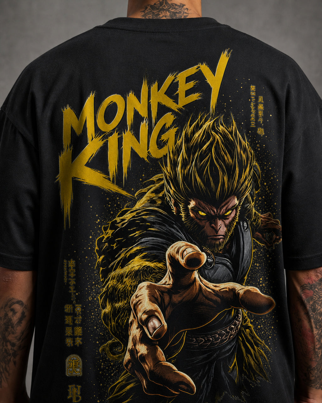 Golden Monkey King Anime Graphic Oversized T-Shirt black oversized T-shirt back print detail