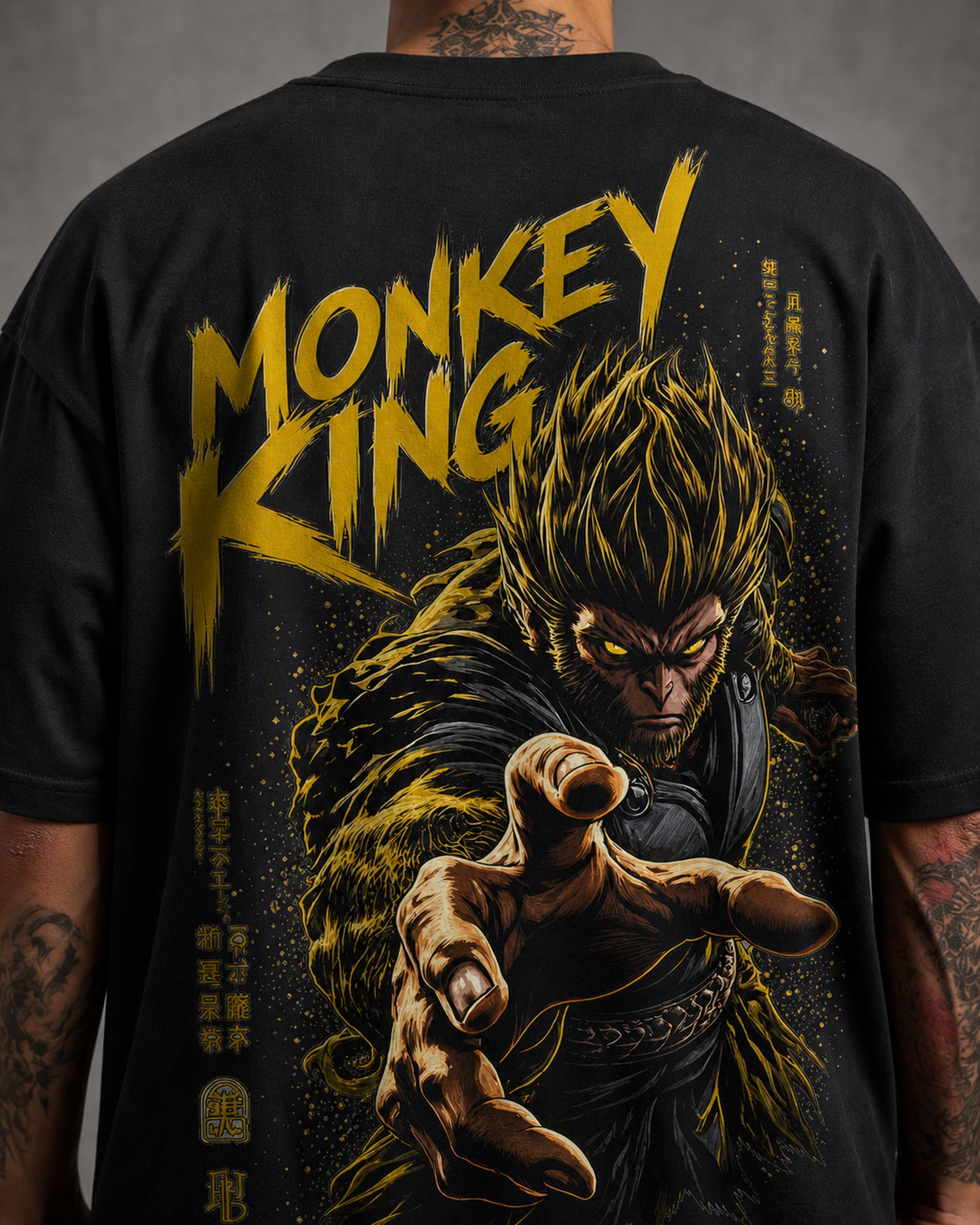 Golden Monkey King Anime Graphic Oversized T-Shirt black oversized T-shirt back print detail