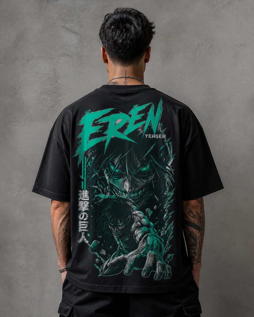 Teal Titan Rage Anime Graphic Oversized T-Shirt black oversized T-shirt back hero