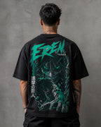 Teal Titan Rage Anime Graphic Oversized T-Shirt black oversized T-shirt back hero