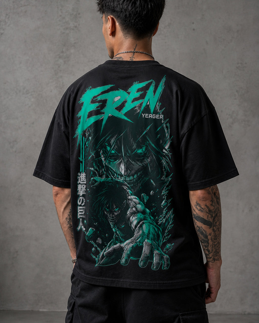 Teal Titan Rage Anime Graphic Oversized T-Shirt black oversized T-shirt back left angle