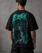 Teal Titan Rage Anime Graphic Oversized T-Shirt black oversized T-shirt back left angle