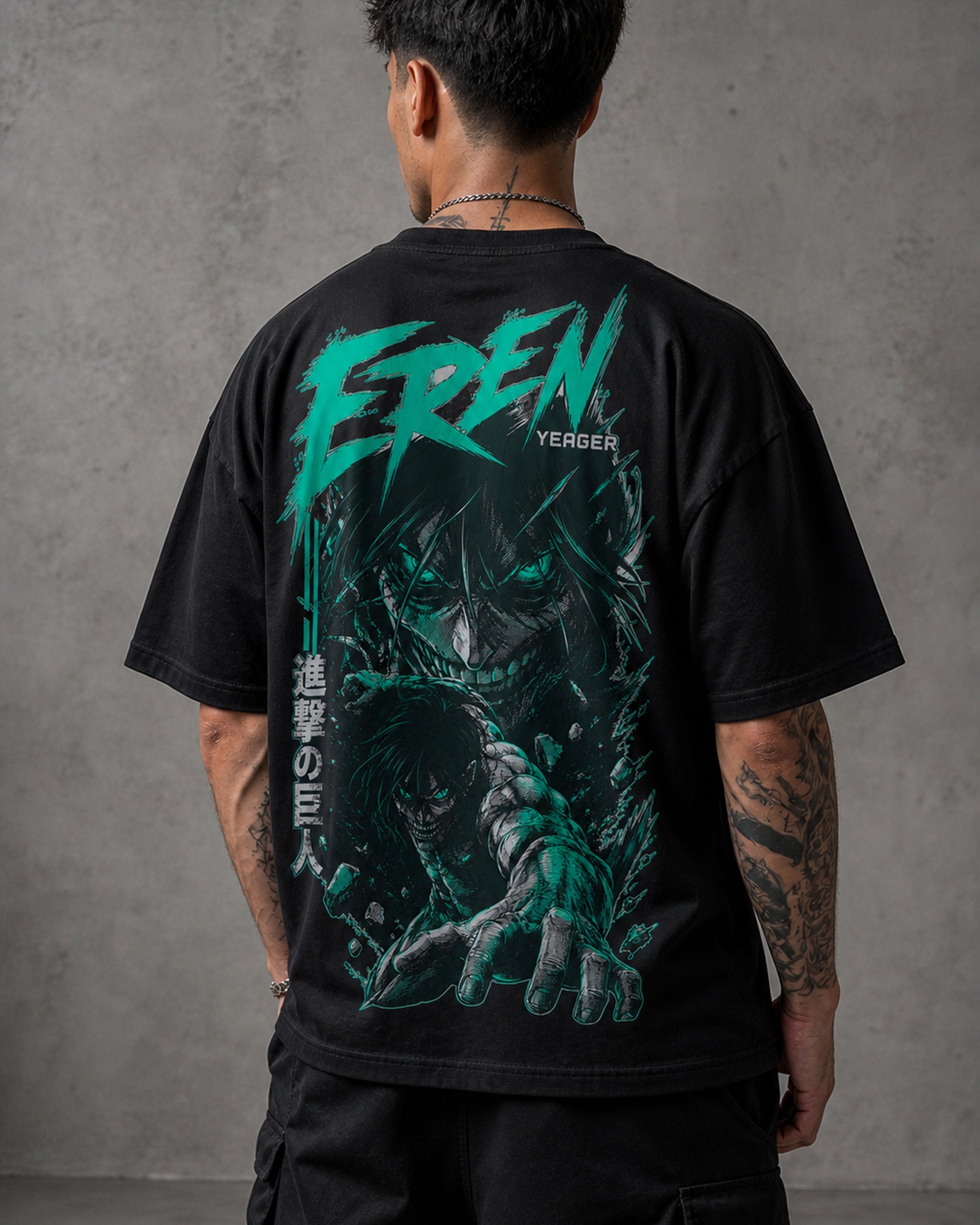 Teal Titan Rage Anime Graphic Oversized T-Shirt black oversized T-shirt back left angle