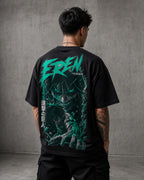 Teal Titan Rage Anime Graphic Oversized T-Shirt black oversized T-shirt back right angle