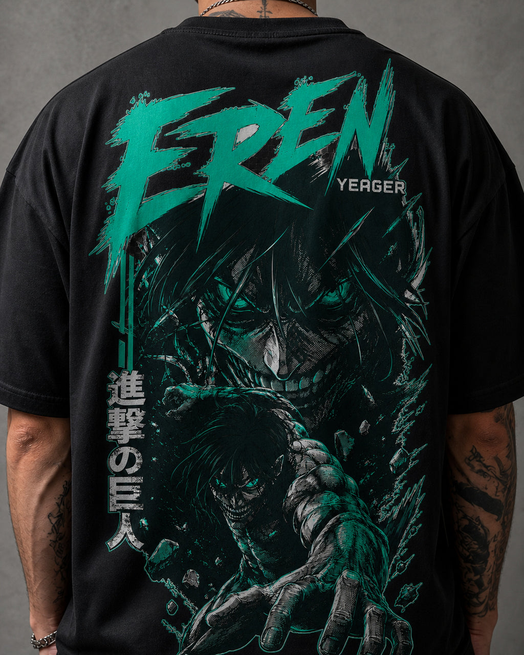 Teal Titan Rage Anime Graphic Oversized T-Shirt black oversized T-shirt back print detail