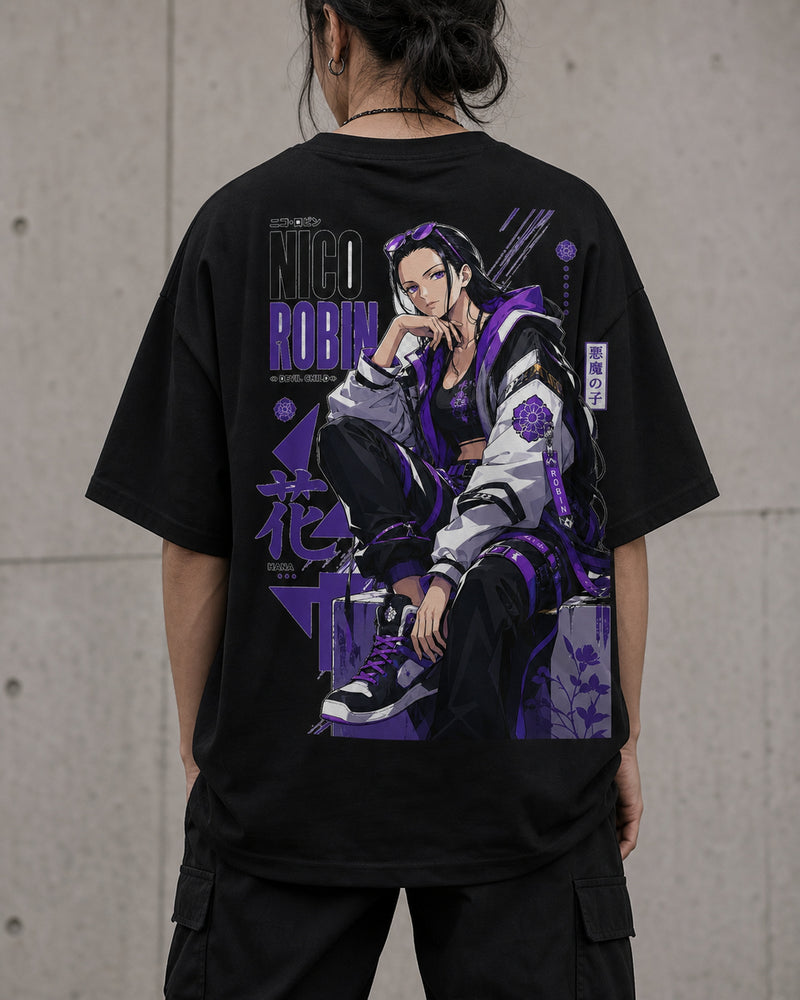 Purple Hana Anime Graphic Oversized T-Shirt black oversized T-shirt back hero