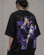 Purple Hana Anime Graphic Oversized T-Shirt black oversized T-shirt back left angle