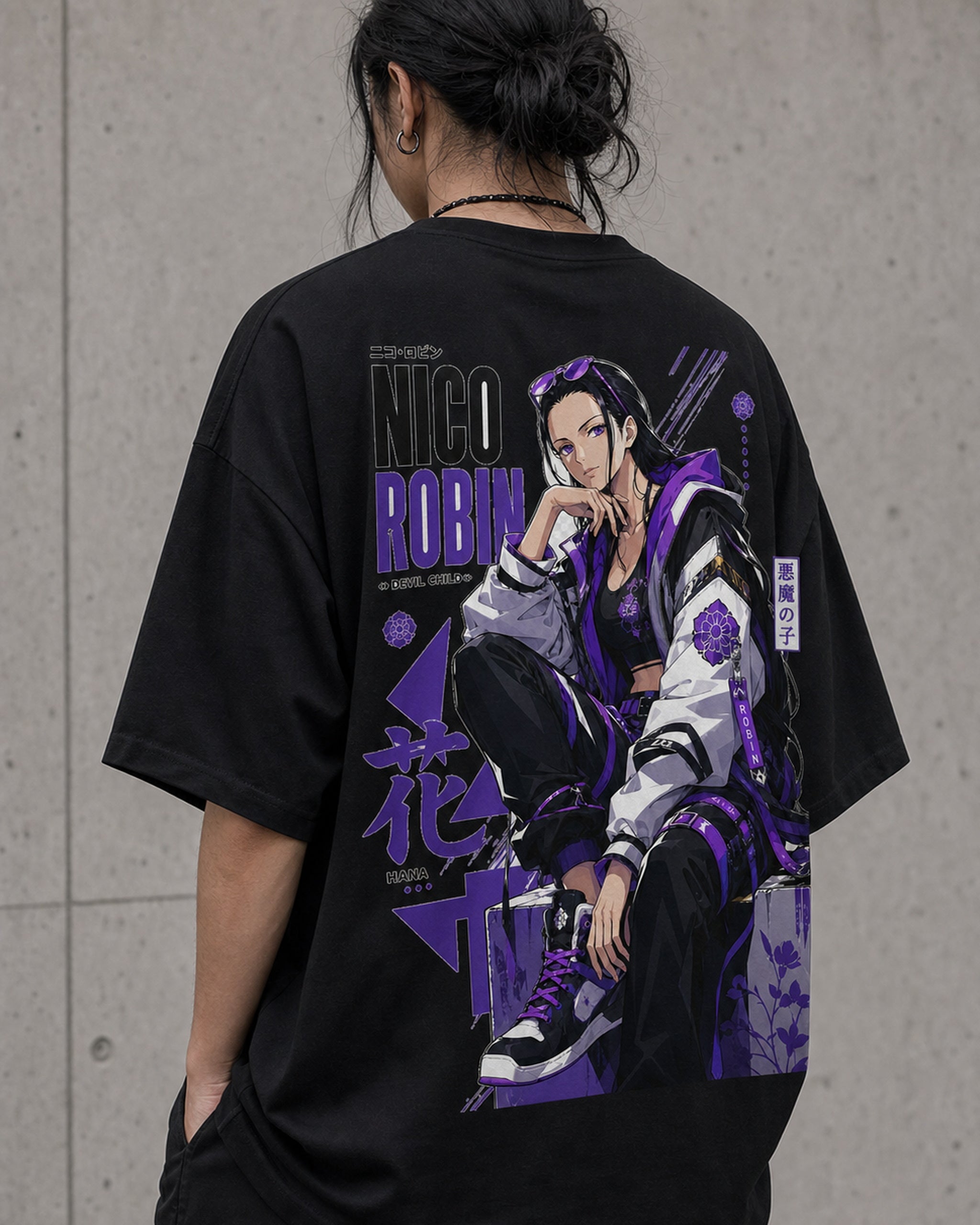 Purple Hana Anime Graphic Oversized T-Shirt black oversized T-shirt back left angle