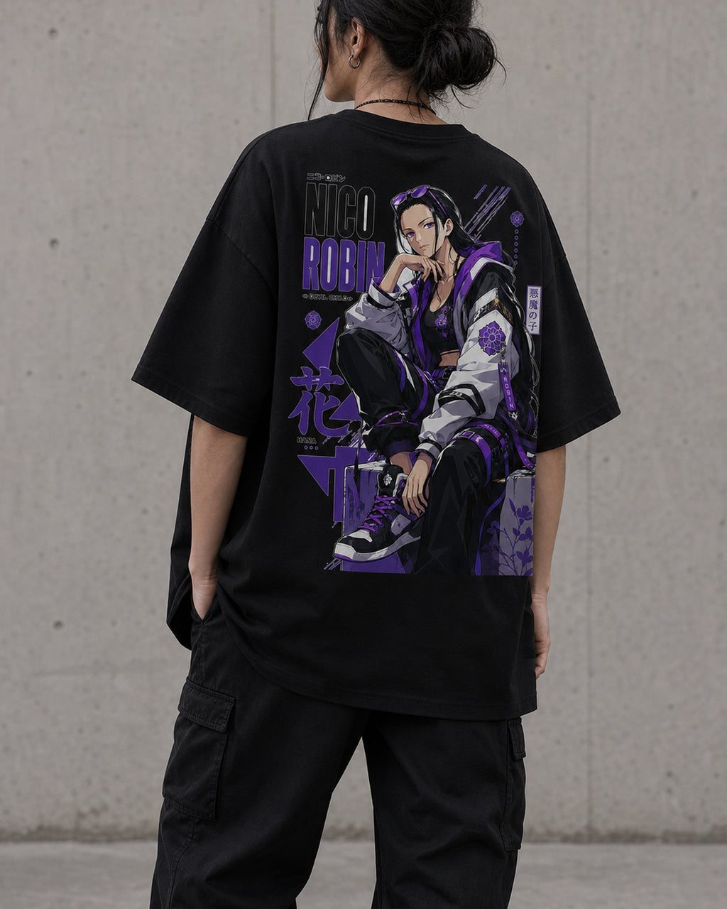 Purple Hana Anime Graphic Oversized T-Shirt black oversized T-shirt back right angle