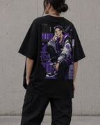Purple Hana Anime Graphic Oversized T-Shirt black oversized T-shirt back right angle