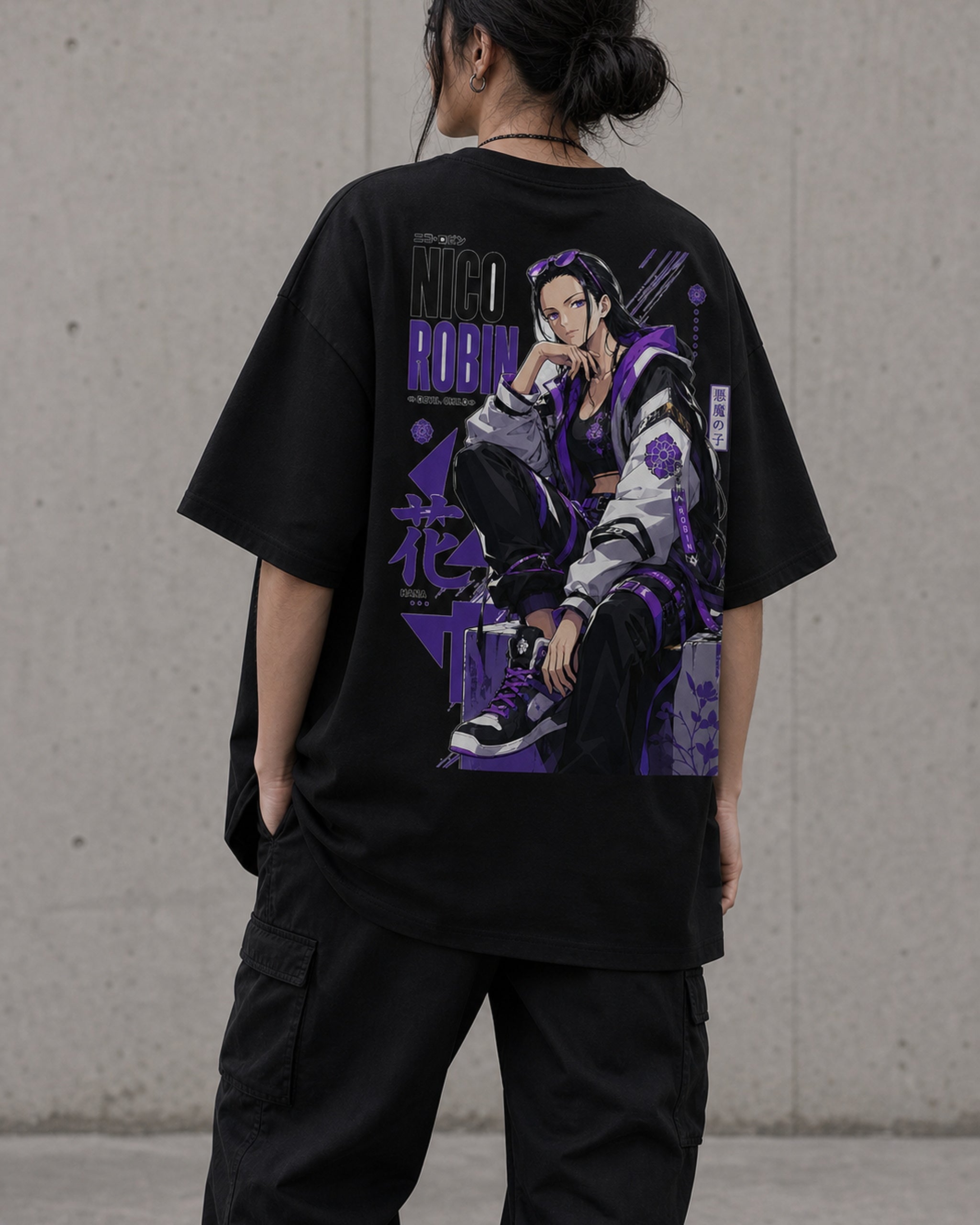 Purple Hana Anime Graphic Oversized T-Shirt black oversized T-shirt back right angle
