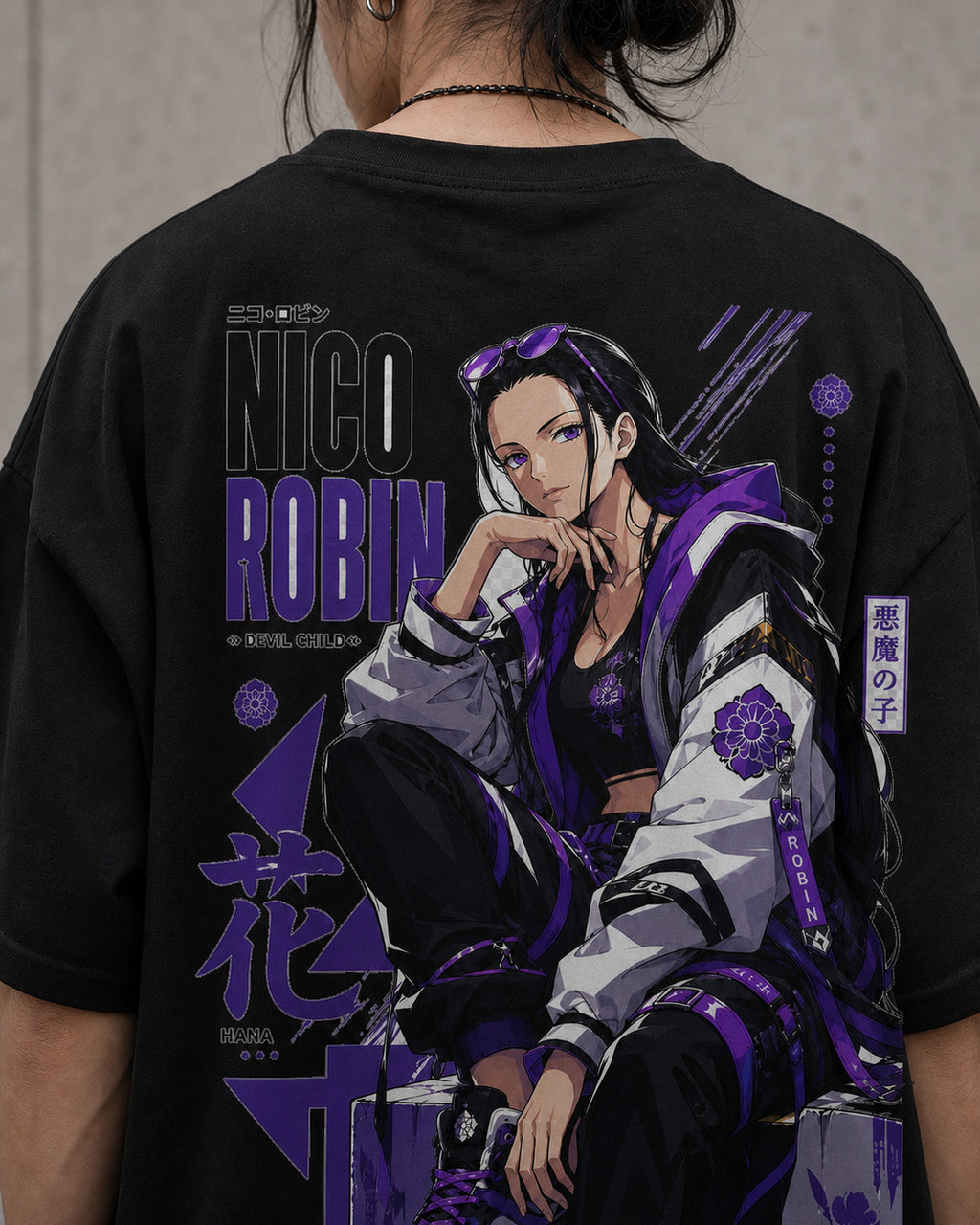 Purple Hana Anime Graphic Oversized T-Shirt black oversized T-shirt back print detail