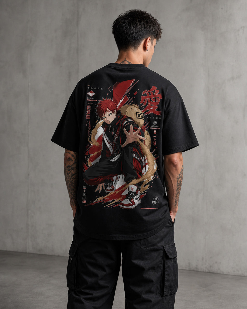 Red Sand Shinobi Anime Graphic Oversized T-Shirt black oversized T-shirt back left angle