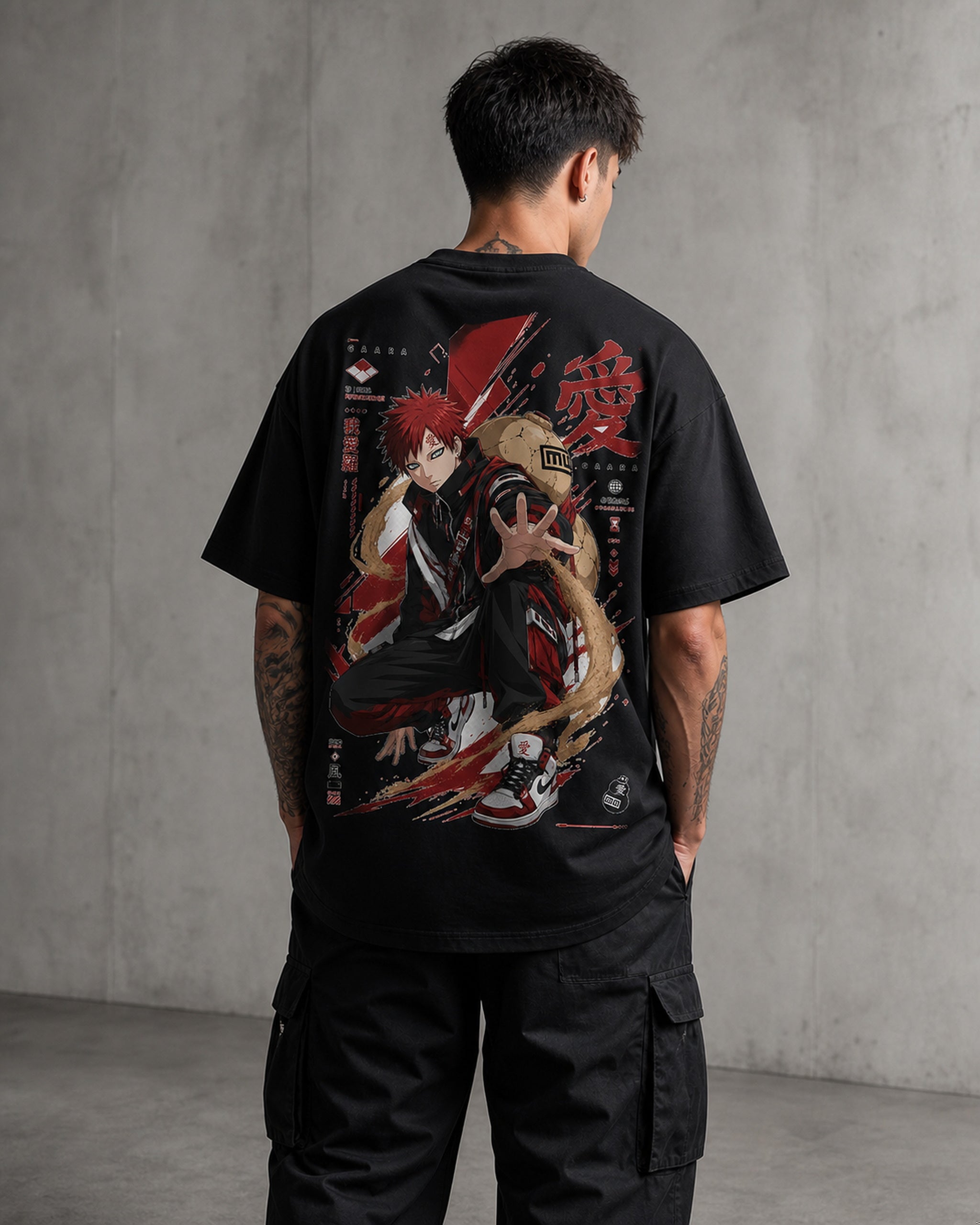 Red Sand Shinobi Anime Graphic Oversized T-Shirt black oversized T-shirt back left angle