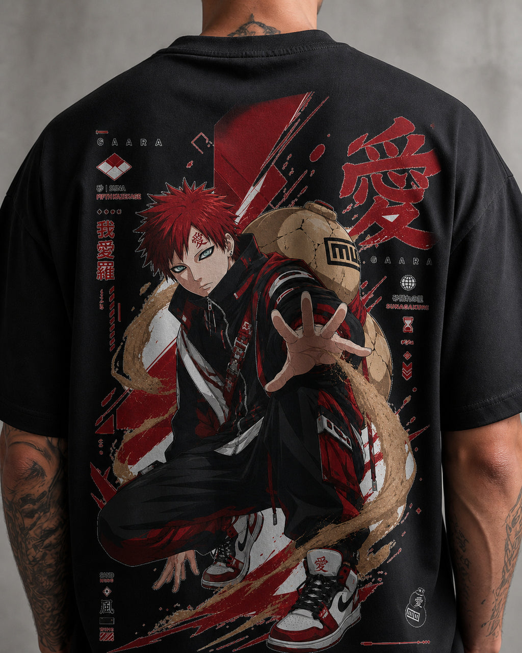 Red Sand Shinobi Anime Graphic Oversized T-Shirt black oversized T-shirt back print detail