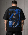 Blue Shinobi Vortex Anime Graphic Oversized T-Shirt black oversized T-shirt back hero