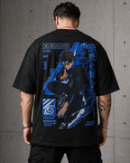 Blue Shinobi Vortex Anime Graphic Oversized T-Shirt black oversized T-shirt back hero