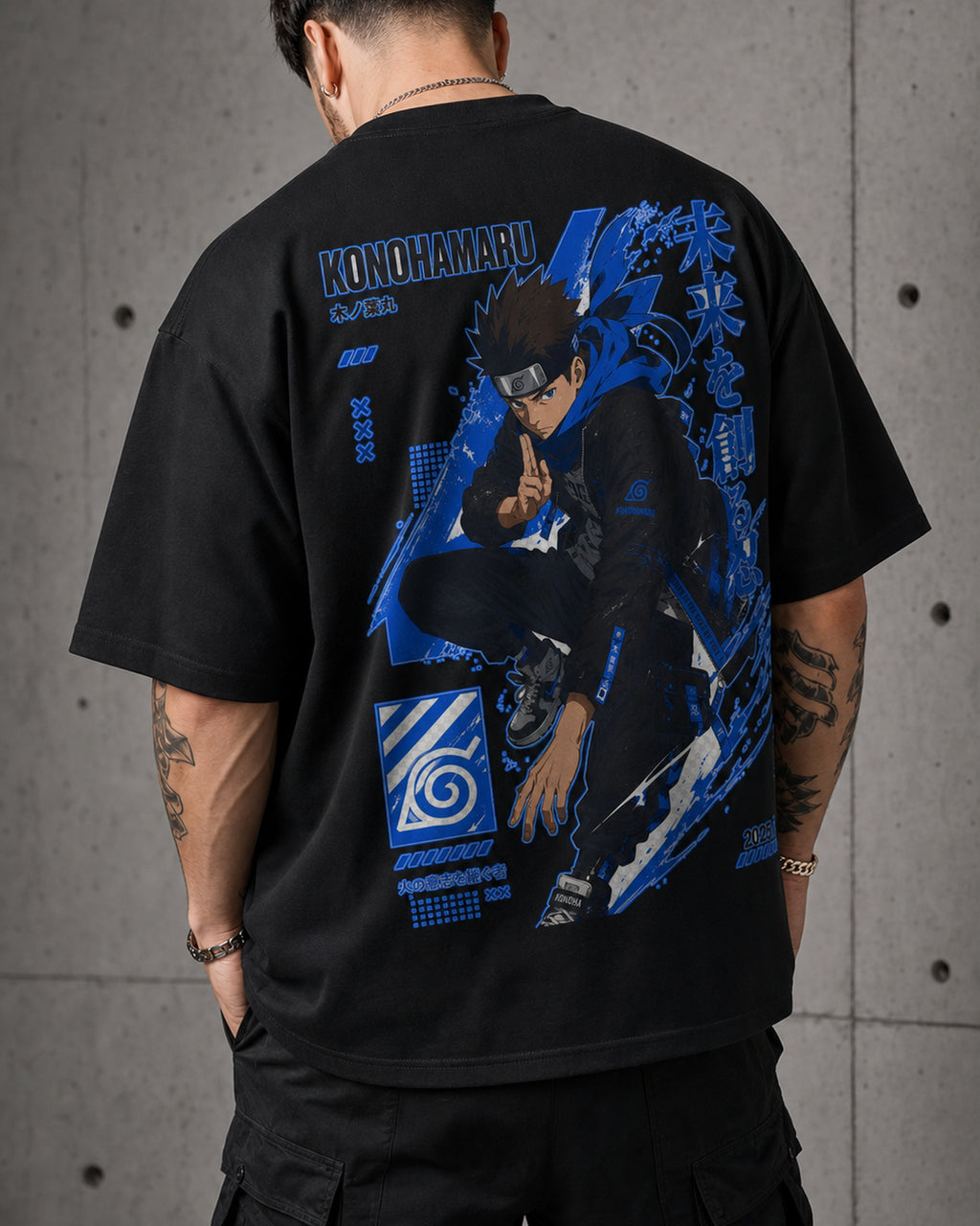 Blue Shinobi Vortex Anime Graphic Oversized T-Shirt black oversized T-shirt back left angle