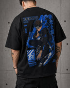Blue Shinobi Vortex Anime Graphic Oversized T-Shirt black oversized T-shirt back left angle