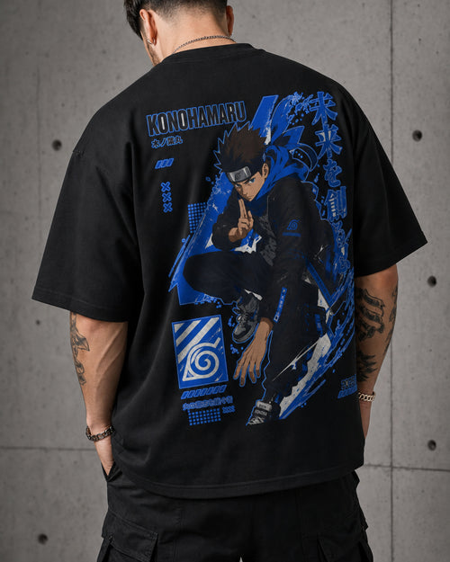 Blue Shinobi Vortex Anime Graphic Oversized T-Shirt black oversized T-shirt back left angle
