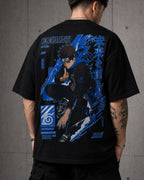 Blue Shinobi Vortex Anime Graphic Oversized T-Shirt black oversized T-shirt back right angle