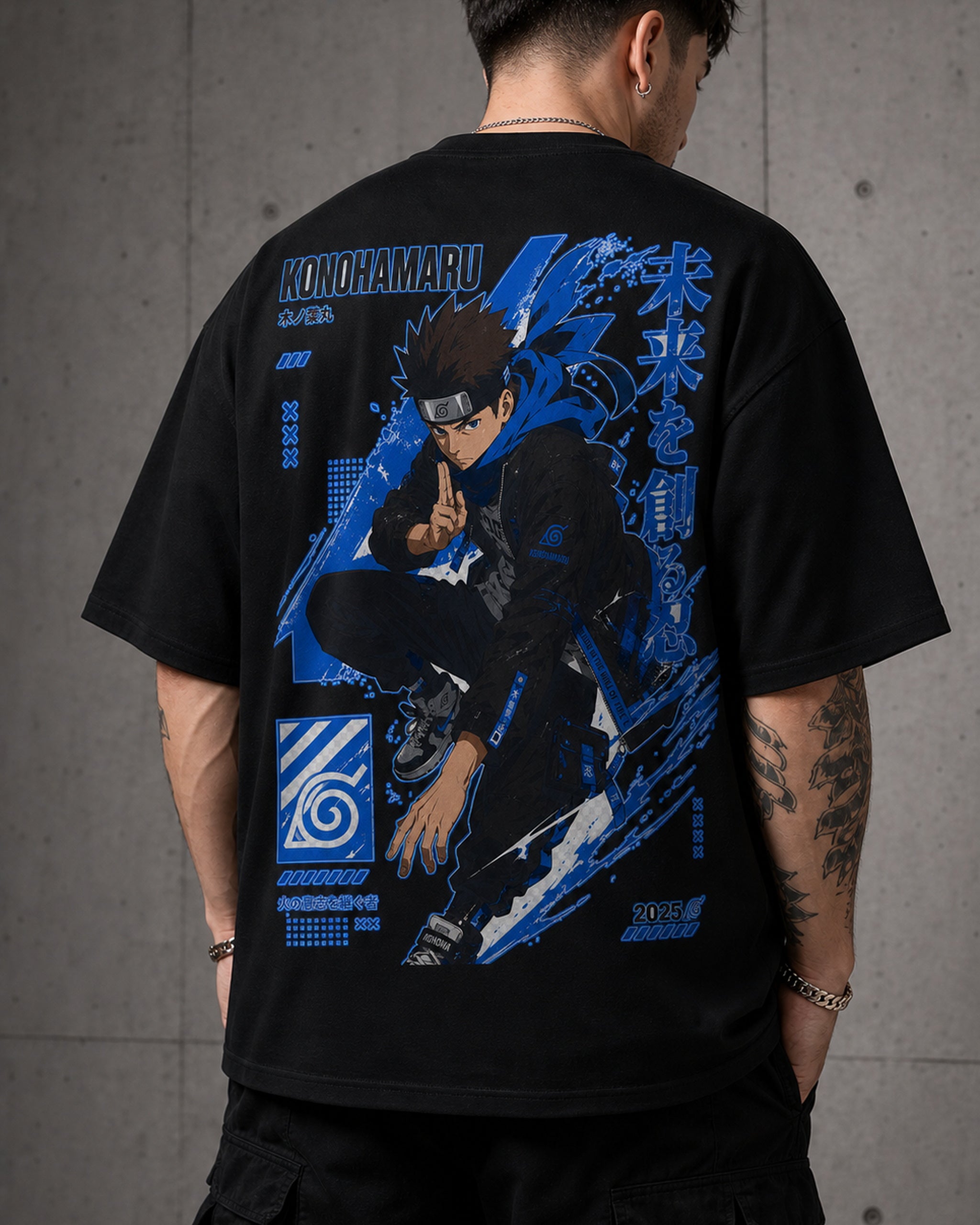 Blue Shinobi Vortex Anime Graphic Oversized T-Shirt black oversized T-shirt back right angle