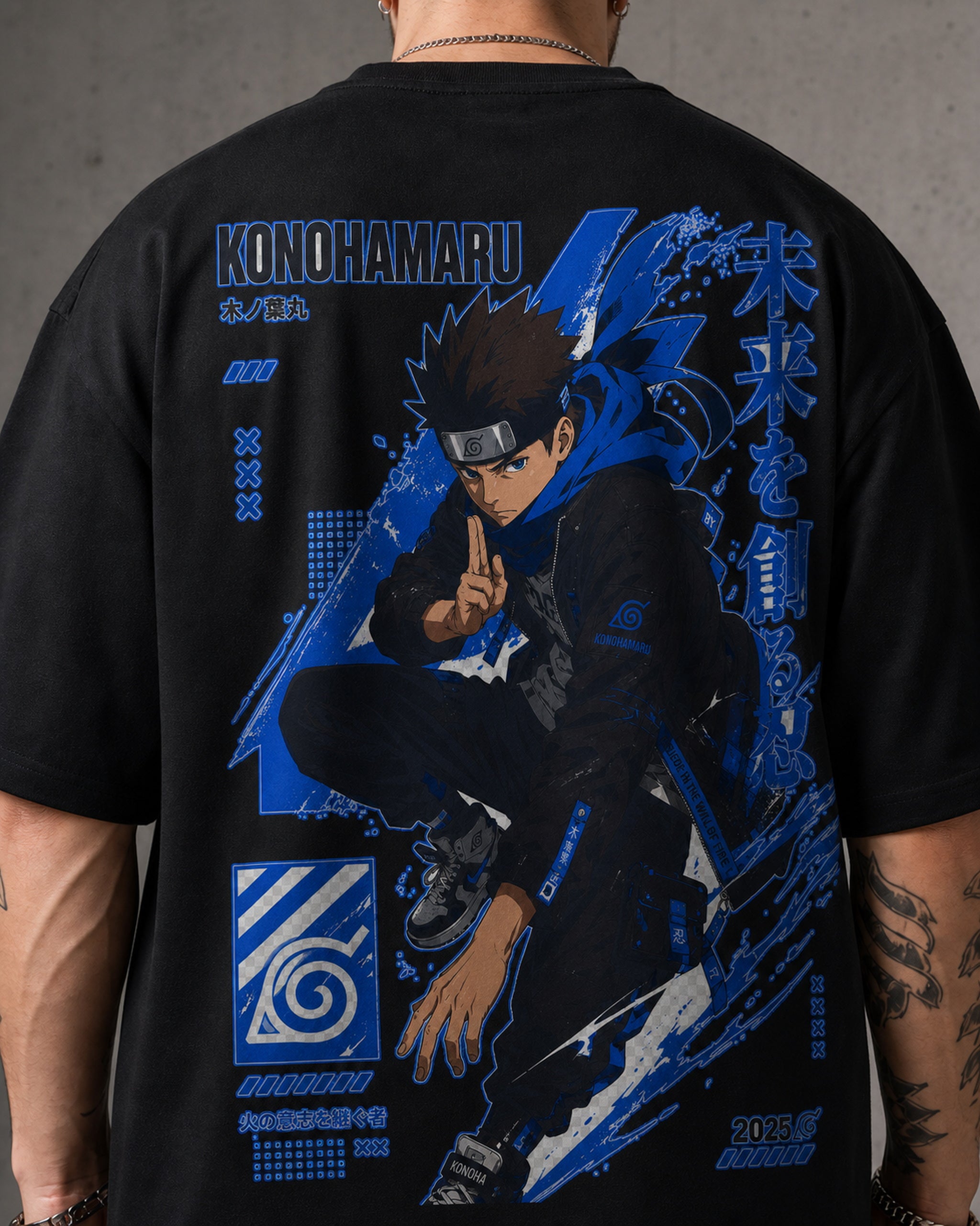 Blue Shinobi Vortex Anime Graphic Oversized T-Shirt black oversized T-shirt back print detail