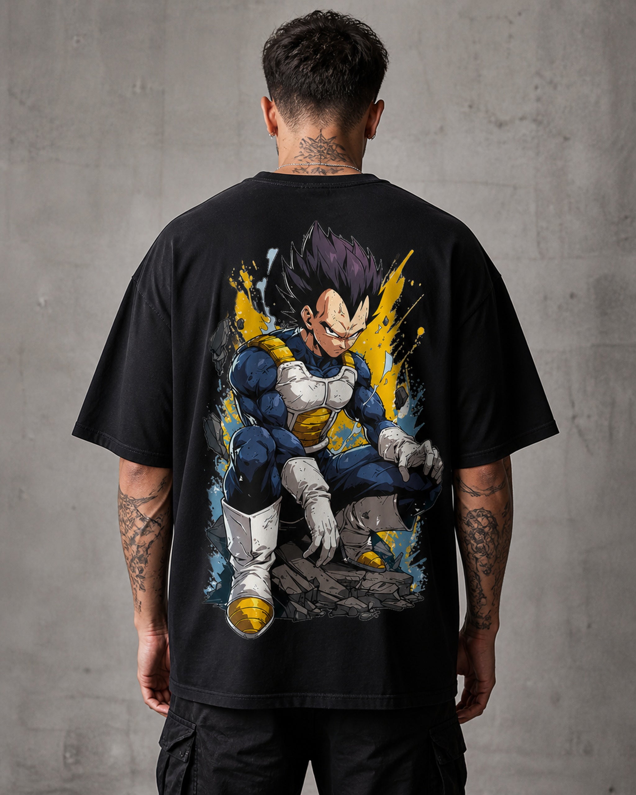 Blue Armored Saiyan Anime Graphic Oversized T-Shirt black oversized T-shirt back hero