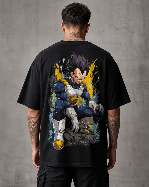 Blue Armored Saiyan Anime Graphic Oversized T-Shirt black oversized T-shirt back hero