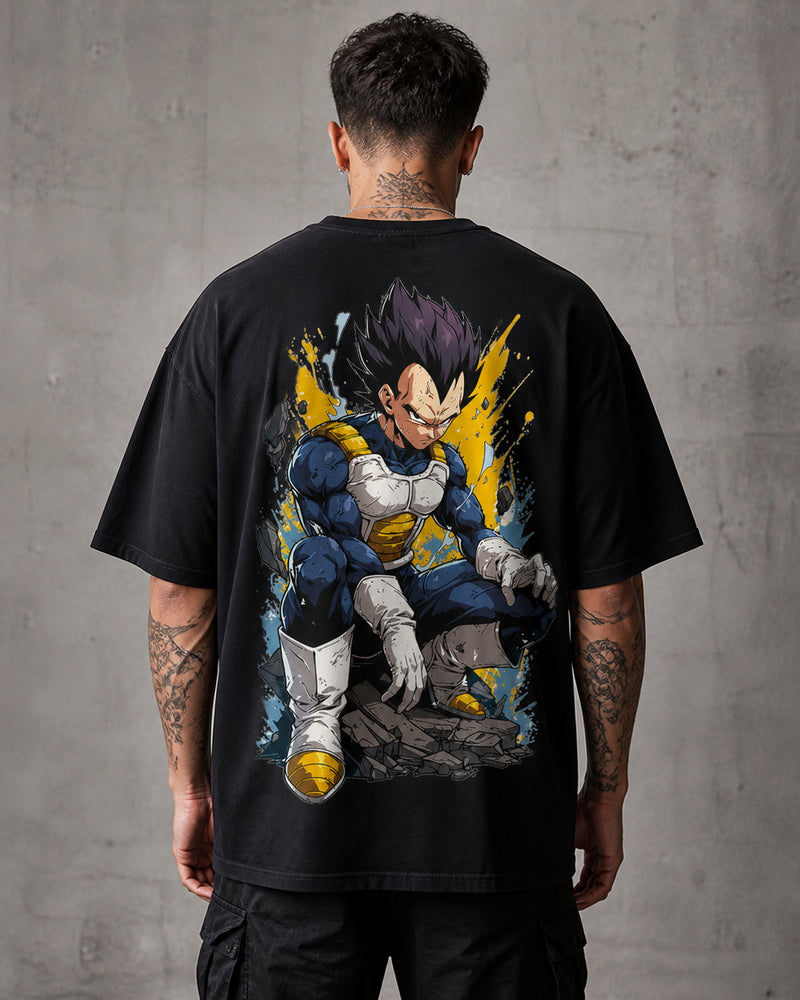 Blue Armored Saiyan Anime Graphic Oversized T-Shirt black oversized T-shirt back hero