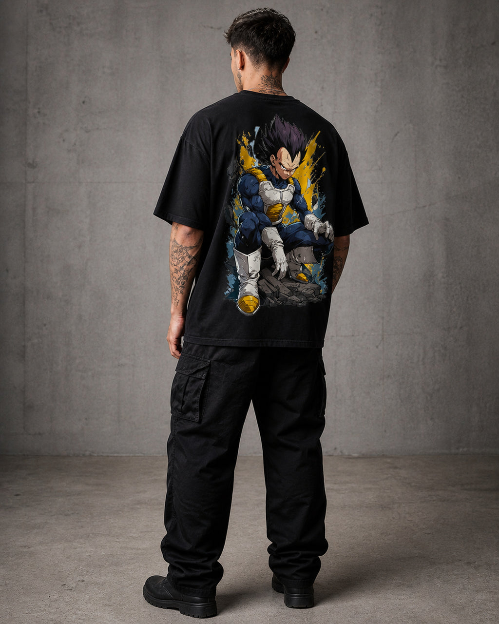 Blue Armored Saiyan Anime Graphic Oversized T-Shirt black oversized T-shirt back left angle