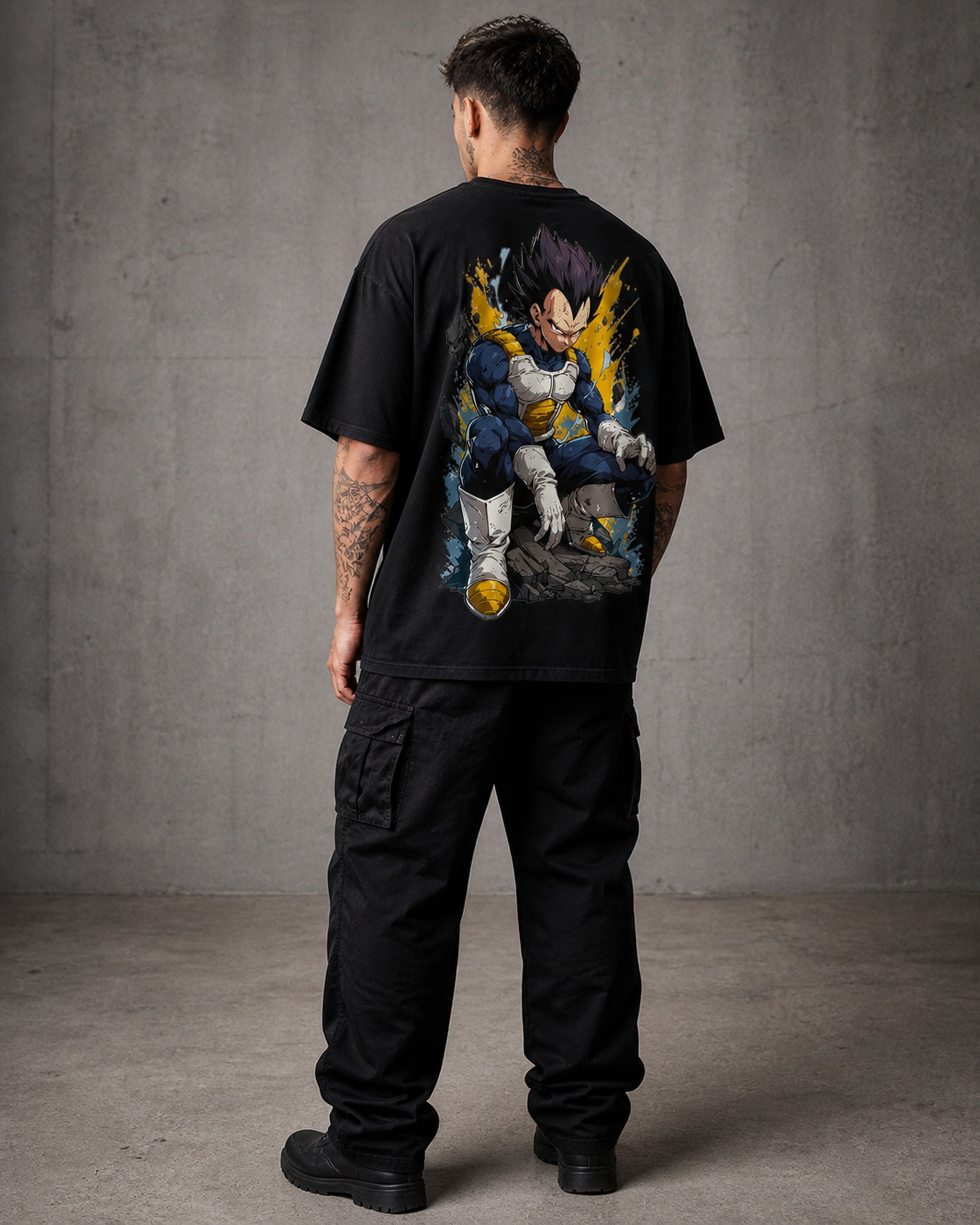 Blue Armored Saiyan Anime Graphic Oversized T-Shirt black oversized T-shirt back left angle