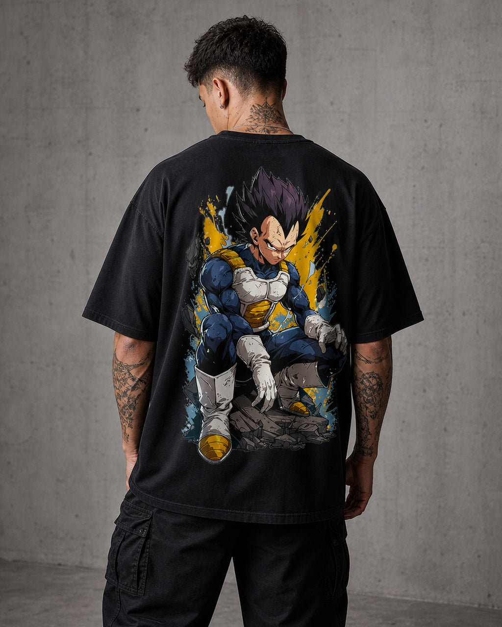 Blue Armored Saiyan Anime Graphic Oversized T-Shirt black oversized T-shirt back right angle