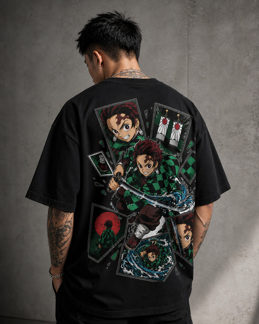 Comic Sword Anime Graphic Oversized T-Shirt black oversized T-shirt back left angle