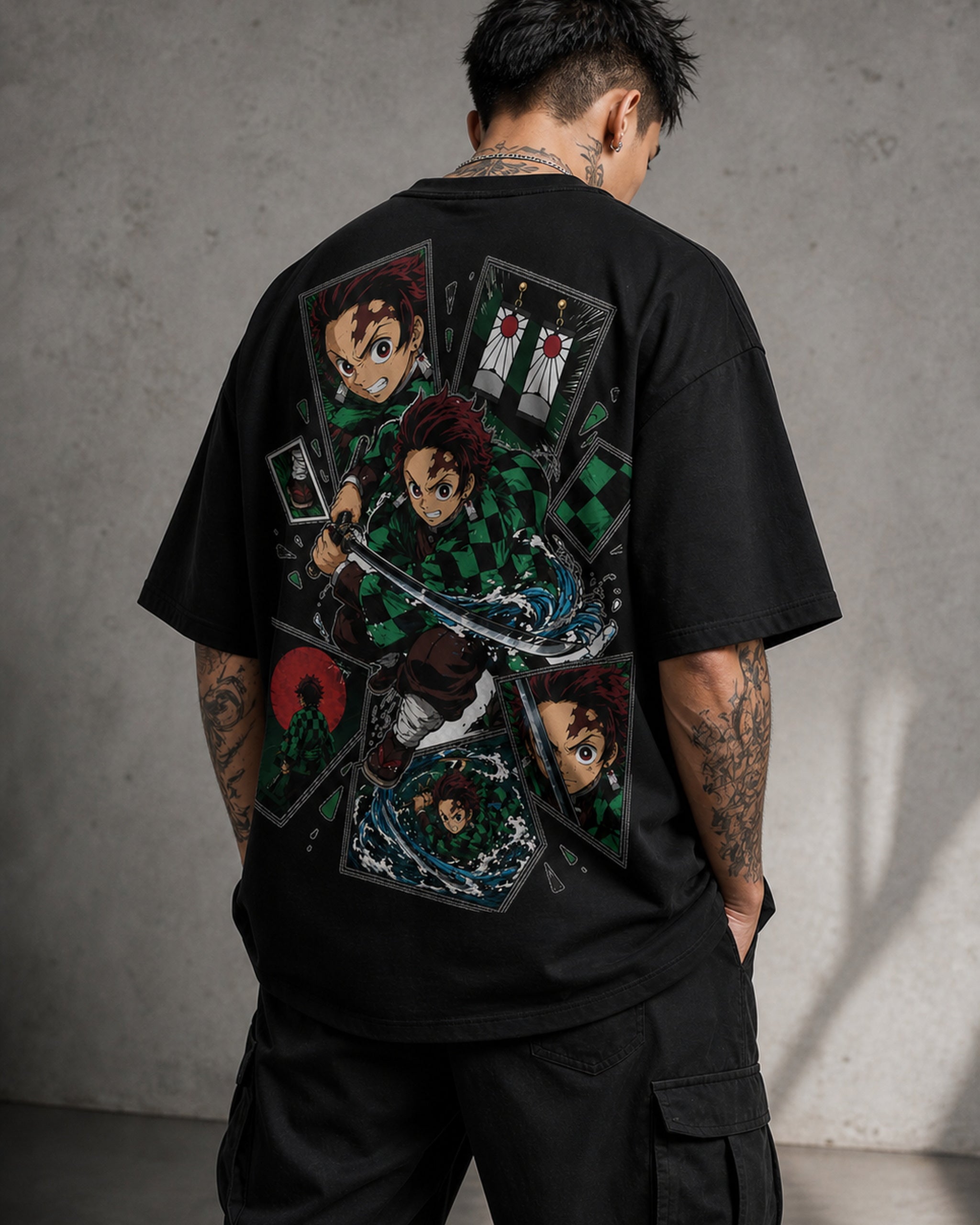 Comic Sword Anime Graphic Oversized T-Shirt black oversized T-shirt back right angle