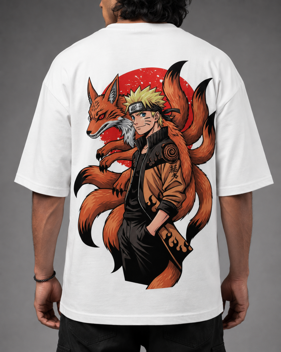 A white short-sleeve t-shirt shown from the back on a model, featuring a large graphic print of Naruto and his nine-tailed fox form against a red sun on a gray background.