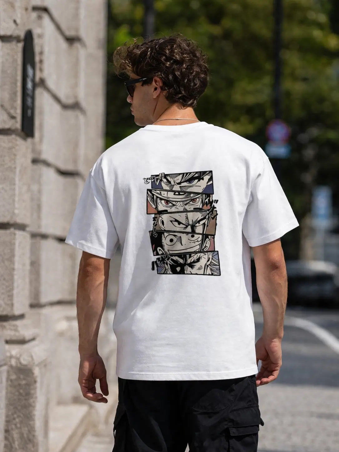 Shonen All-Star Anime Eye Panel T-Shirt – Goku, Naruto, Luffy, Saitama, & All Might Streetwear Tee front product image.