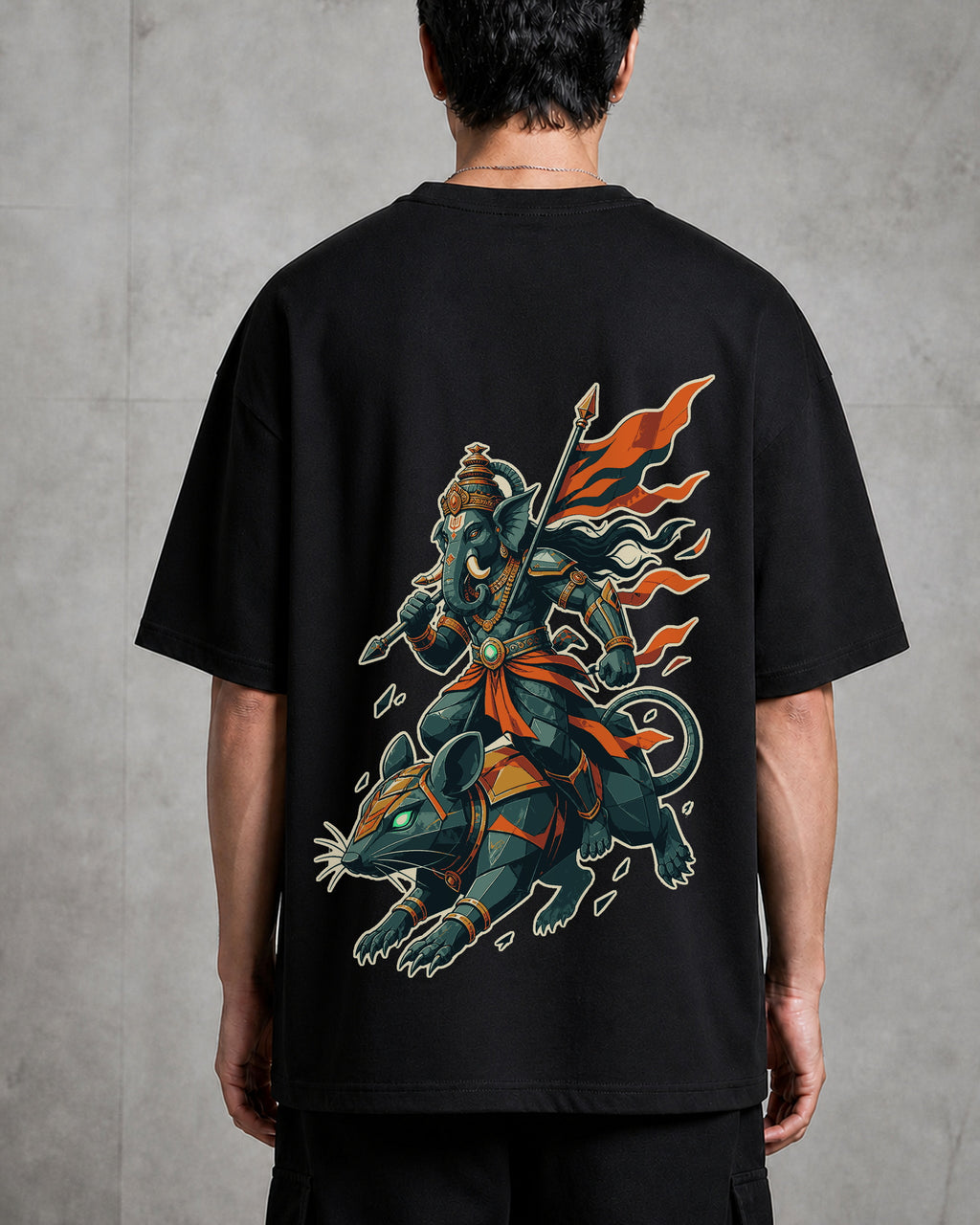 Ganesha Mouse Warrior Oversized T-Shirt black oversized T-shirt back hero