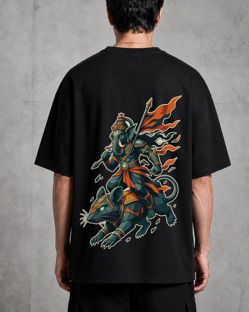 Ganesha Mouse Warrior Oversized T-Shirt black oversized T-shirt back hero