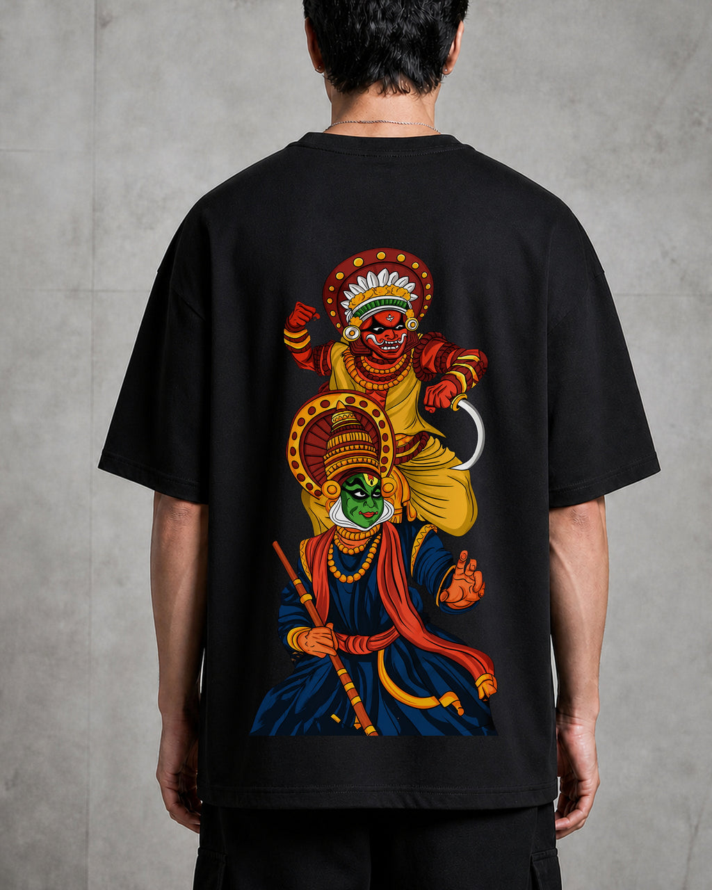 Kathakali Theyyam Stacked Oversized T-Shirt black oversized T-shirt back hero