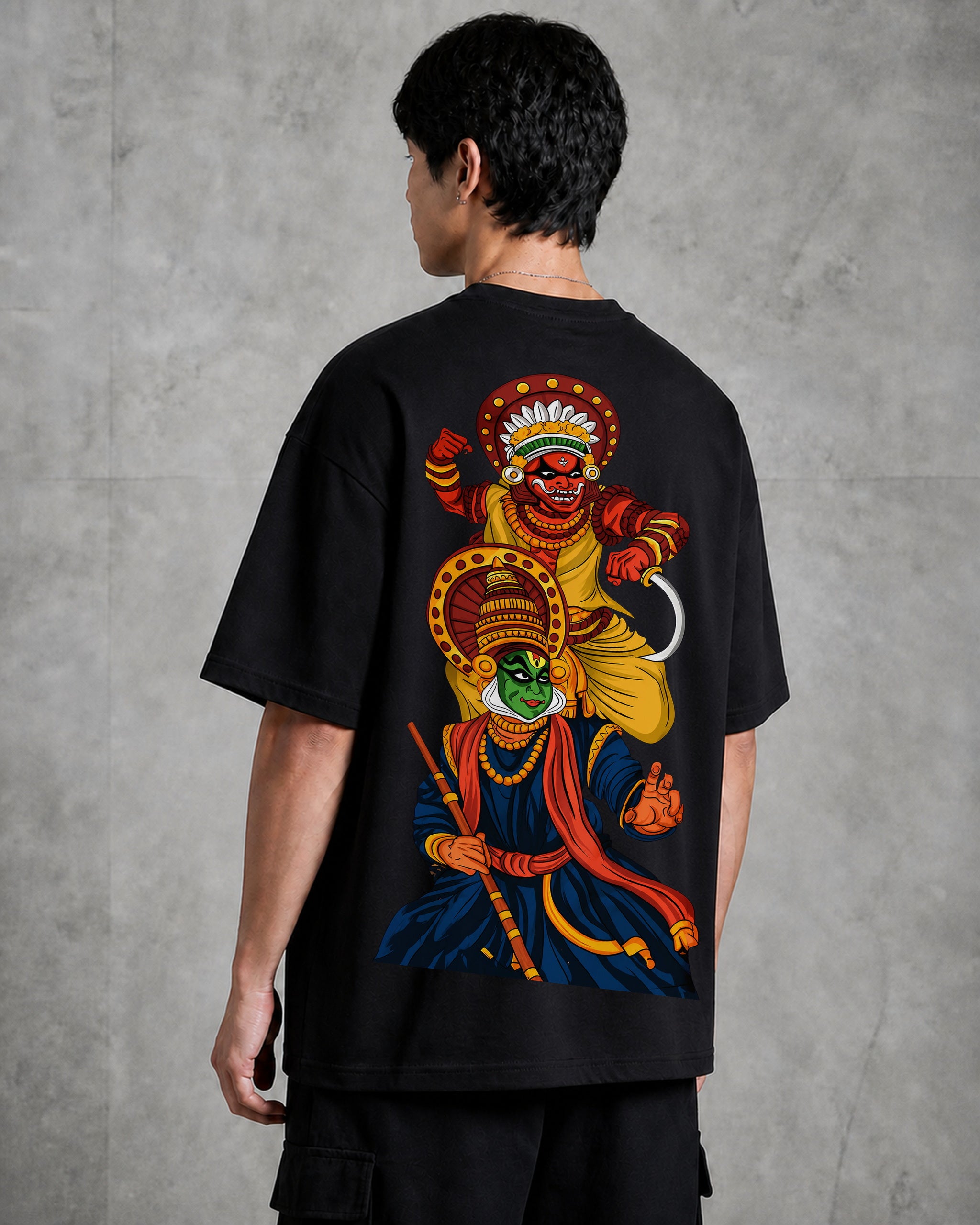 Kathakali Theyyam Stacked Oversized T-Shirt black oversized T-shirt back hero