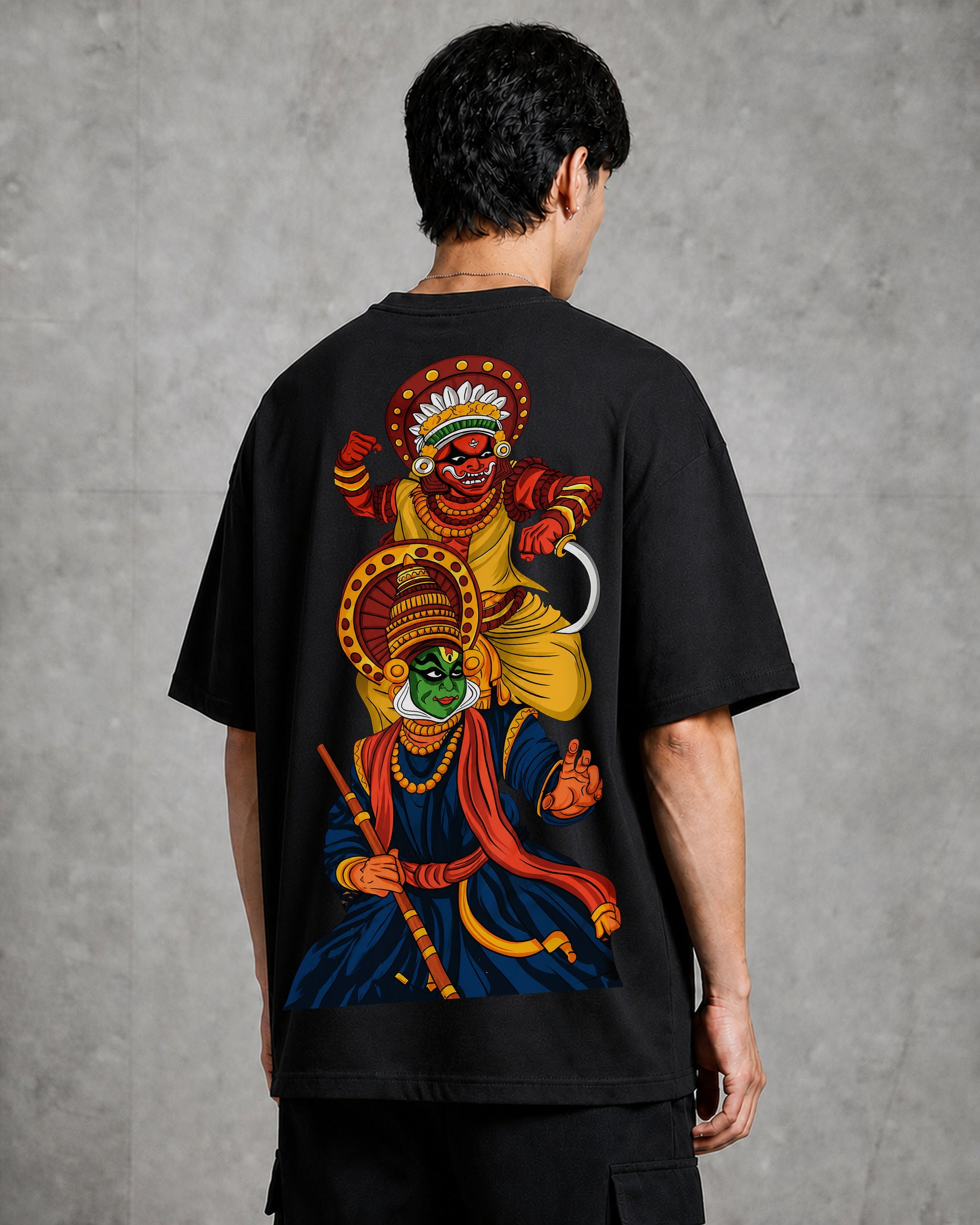 Kathakali Theyyam Stacked Oversized T-Shirt black oversized T-shirt back hero