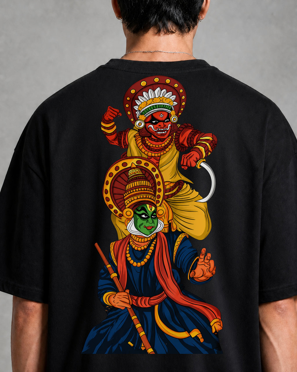 Kathakali Theyyam Stacked Oversized T-Shirt black oversized T-shirt back hero