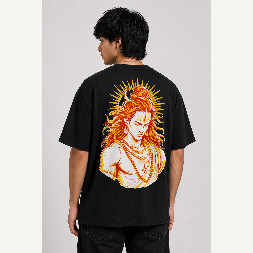 Shiva Solar Portrait Oversized T-Shirt black oversized T-shirt back print mockup 3