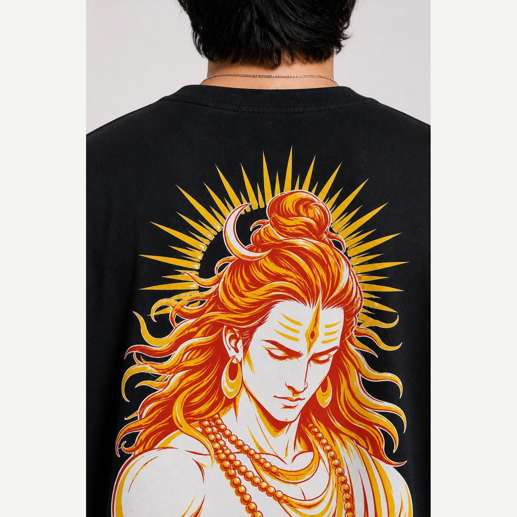 Shiva Solar Portrait Oversized T-Shirt black oversized T-shirt back print mockup 4