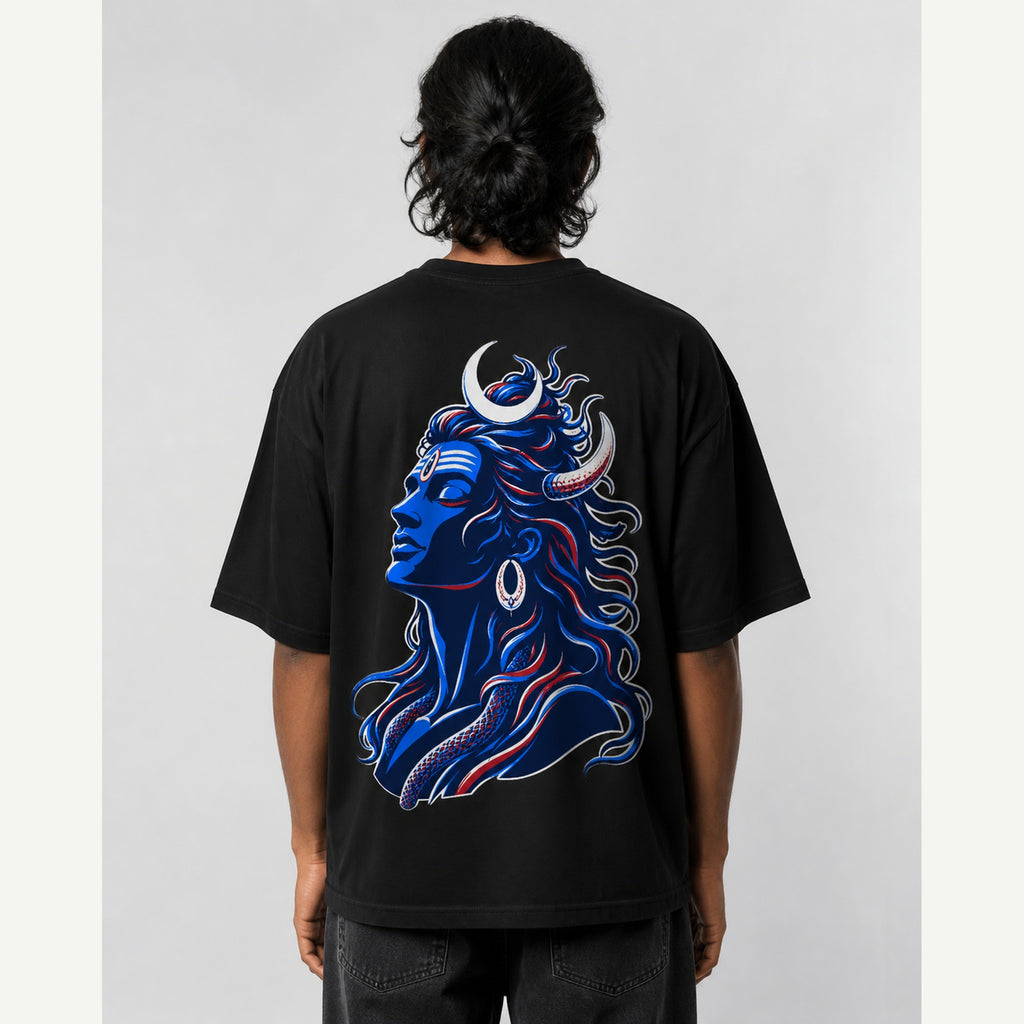 Shiva Dark Blue Profile Oversized T-Shirt black oversized T-shirt back print mockup 1