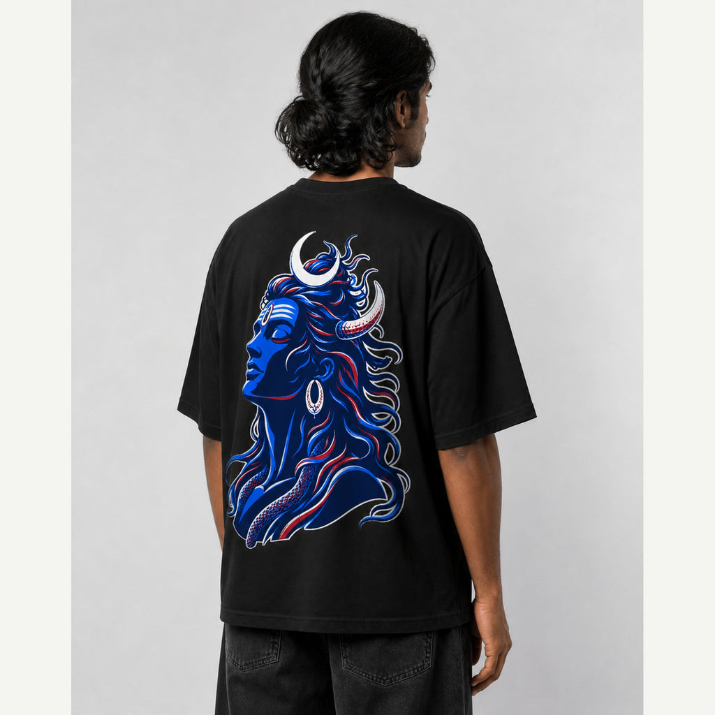 Shiva Dark Blue Profile Oversized T-Shirt black oversized T-shirt back print mockup 3